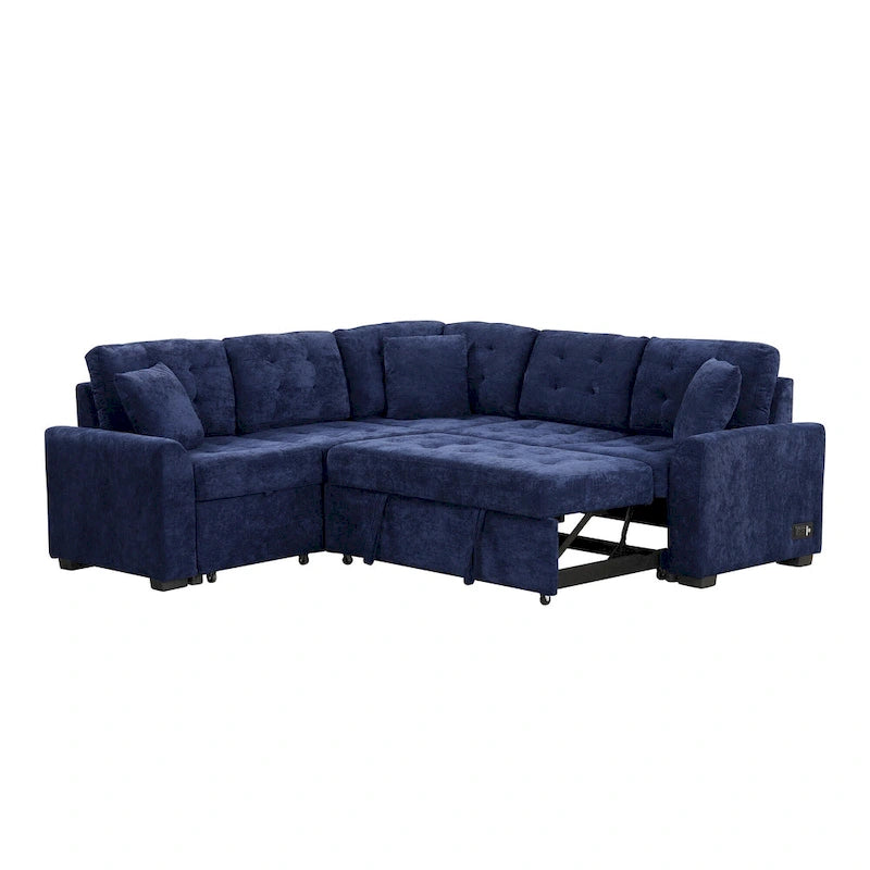 Blue 82.6 Convertible L-Shaped 5-Seat Sectional Sofa on Wheels, Featuring Pull-Out Bed, USB Ports, and Power Outlets