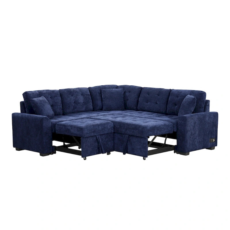 Blue 82.6 Convertible L-Shaped 5-Seat Sectional Sofa on Wheels, Featuring Pull-Out Bed, USB Ports, and Power Outlets