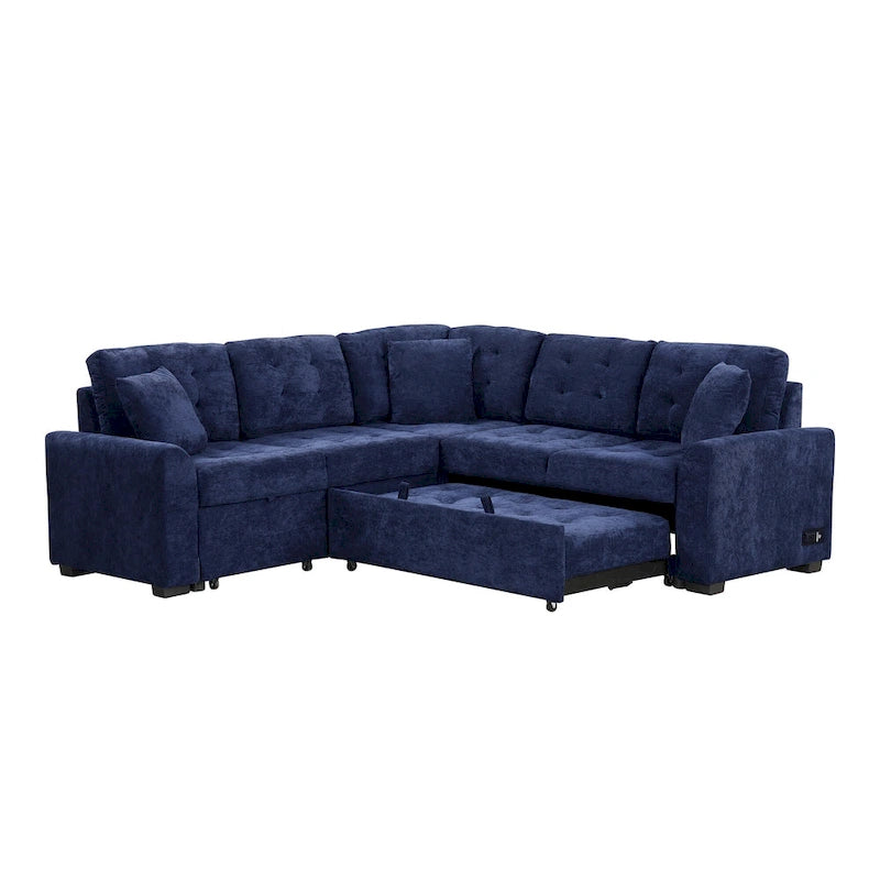 Blue 82.6 Convertible L-Shaped 5-Seat Sectional Sofa on Wheels, Featuring Pull-Out Bed, USB Ports, and Power Outlets