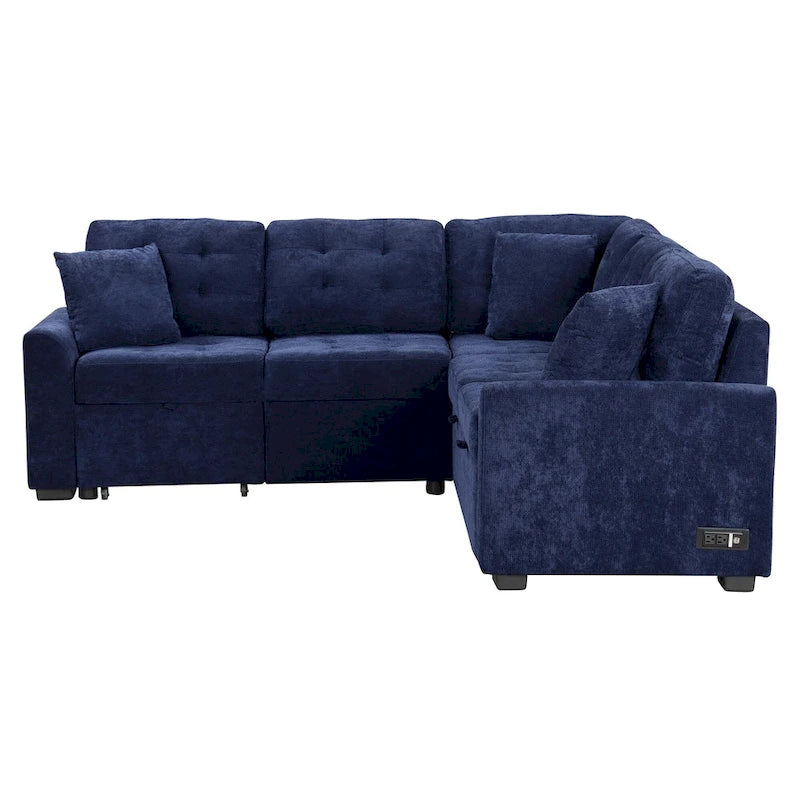 Blue 82.6 Convertible L-Shaped 5-Seat Sectional Sofa on Wheels, Featuring Pull-Out Bed, USB Ports, and Power Outlets