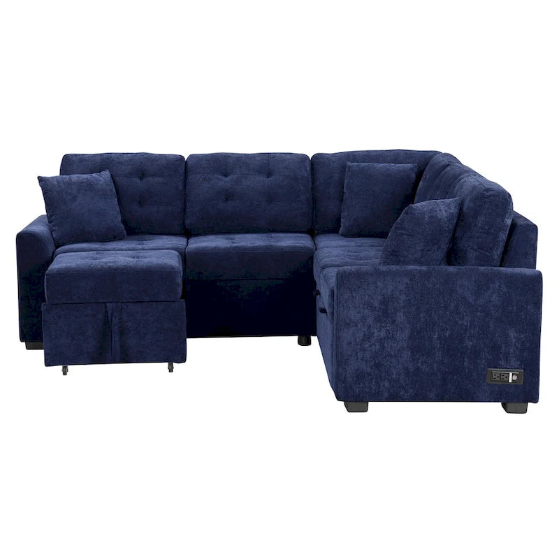 Blue 82.6 Convertible L-Shaped 5-Seat Sectional Sofa on Wheels, Featuring Pull-Out Bed, USB Ports, and Power Outlets