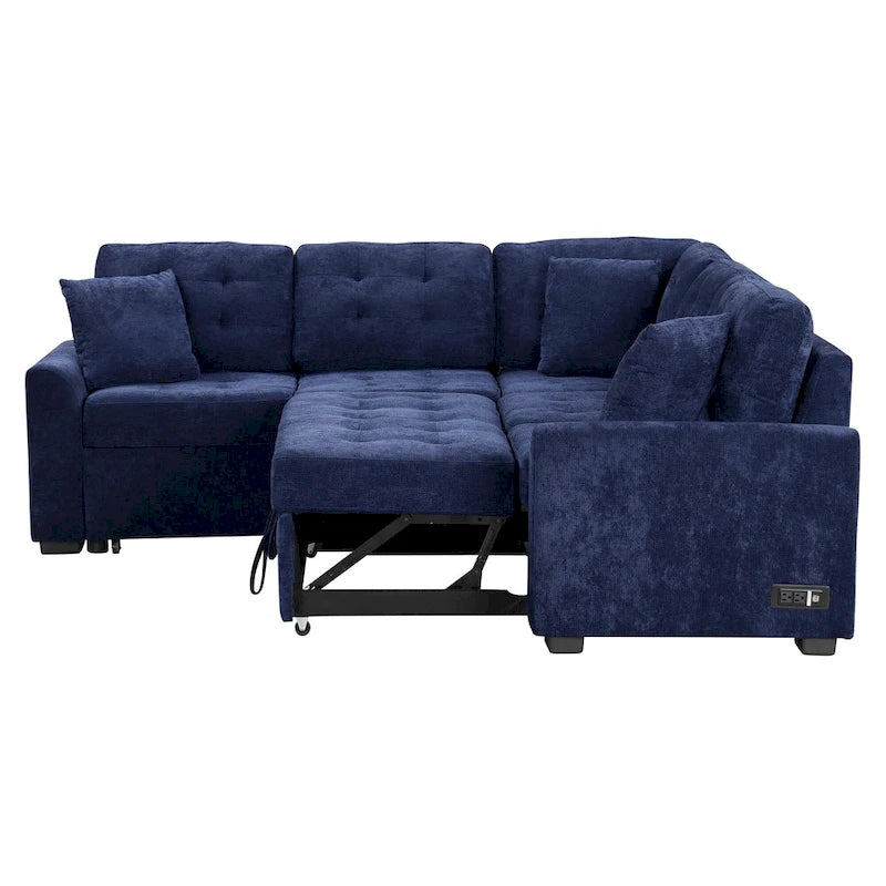 Blue 82.6 Convertible L-Shaped 5-Seat Sectional Sofa on Wheels, Featuring Pull-Out Bed, USB Ports, and Power Outlets