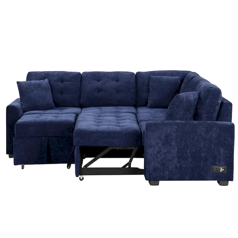 Blue 82.6 Convertible L-Shaped 5-Seat Sectional Sofa on Wheels, Featuring Pull-Out Bed, USB Ports, and Power Outlets