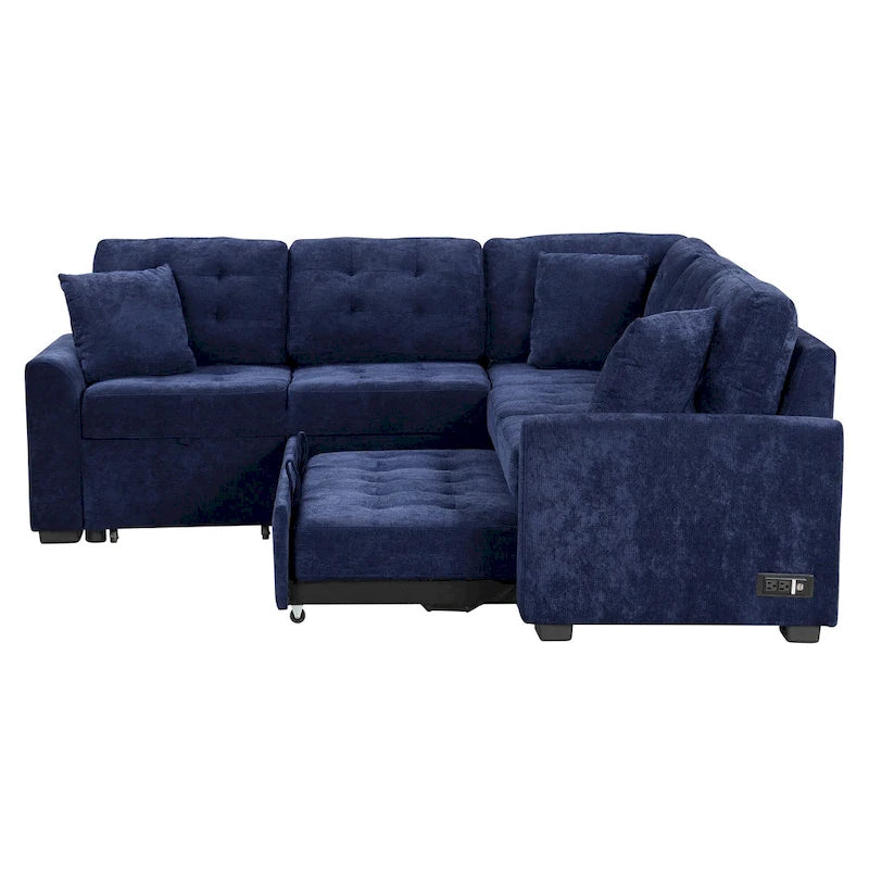 Blue 82.6 Convertible L-Shaped 5-Seat Sectional Sofa on Wheels, Featuring Pull-Out Bed, USB Ports, and Power Outlets