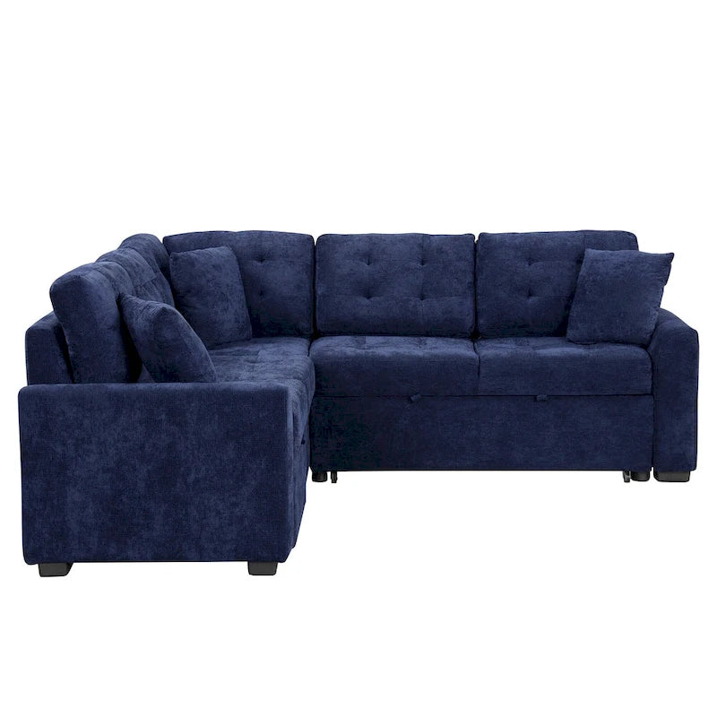 Blue 82.6 Convertible L-Shaped 5-Seat Sectional Sofa on Wheels, Featuring Pull-Out Bed, USB Ports, and Power Outlets