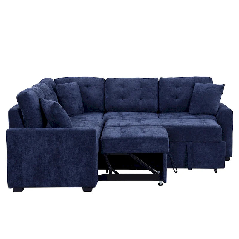 Blue 82.6 Convertible L-Shaped 5-Seat Sectional Sofa on Wheels, Featuring Pull-Out Bed, USB Ports, and Power Outlets