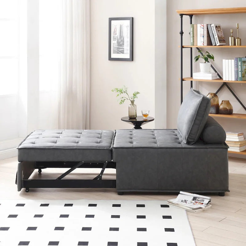 39 Faux Leather Single Multipurpose Ottoman Pull Out Sofa Bed with Adjustable Backrest and Pillow for Living Room