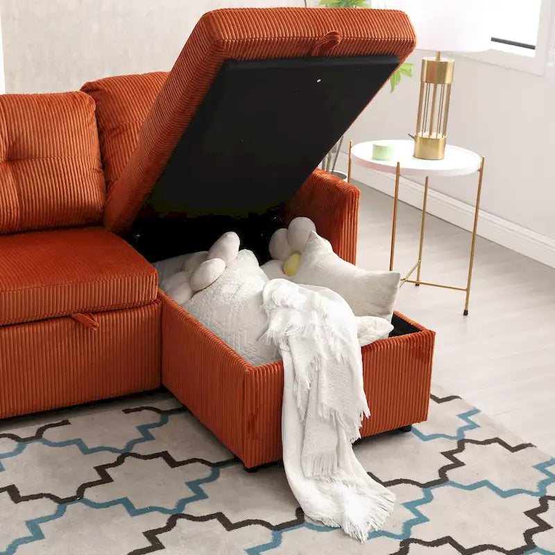 Orange 81.1 L-Shaped Fabric Sofa: Reversible Chaise, Storage, Solid Wood Frame, and Foam Seating