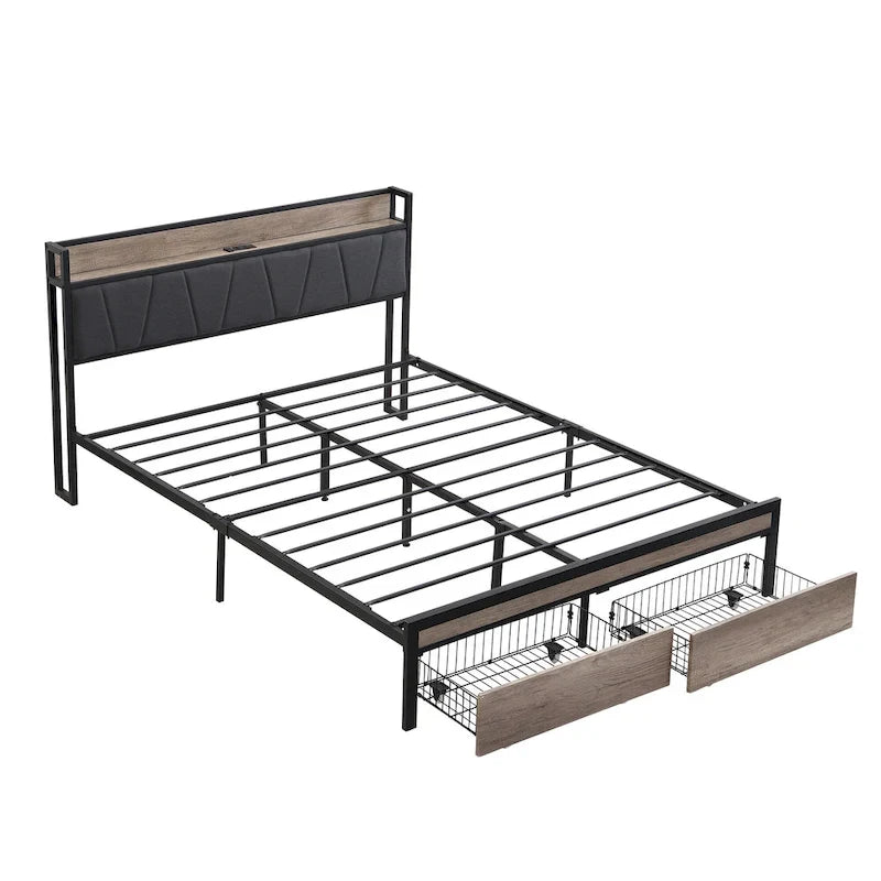 Black+Grey Full Size Metal Bed with Upholstered Storage Headboard and USB
