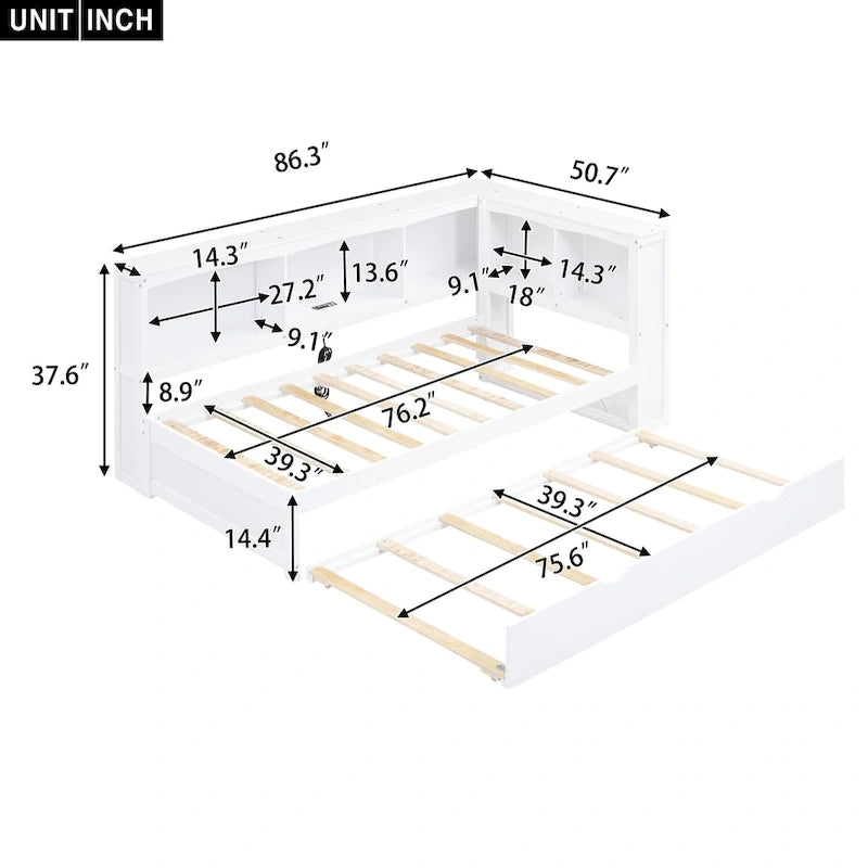 Twin Wooden Daybed with Trundle, Cabinets, and Charging Stations