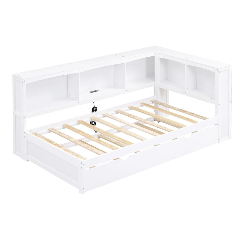 Twin Wooden Daybed with Trundle, Cabinets, and Charging Stations
