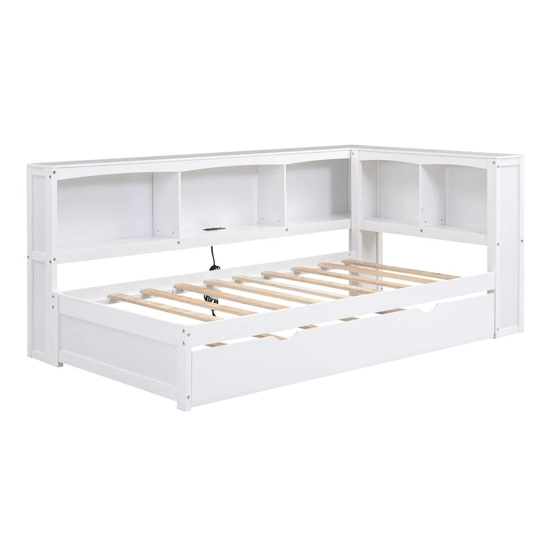 Twin Wooden Daybed with Trundle, Cabinets, and Charging Stations