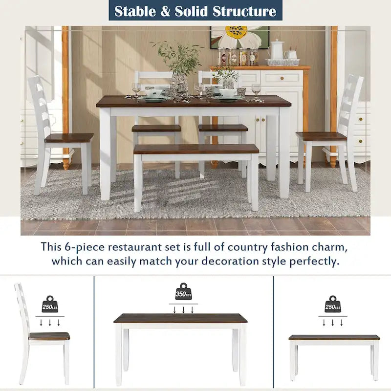 Walnut 6-Piece Wooden Dining Table Set with 4 Ergonomic Chairs & Bench
