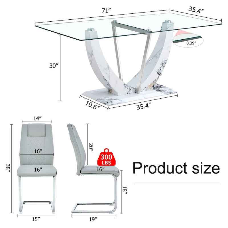 Modern Tempered Glass Dining Table Set with U-shaped Marble Pattern Base and PU Upholstered Chairs