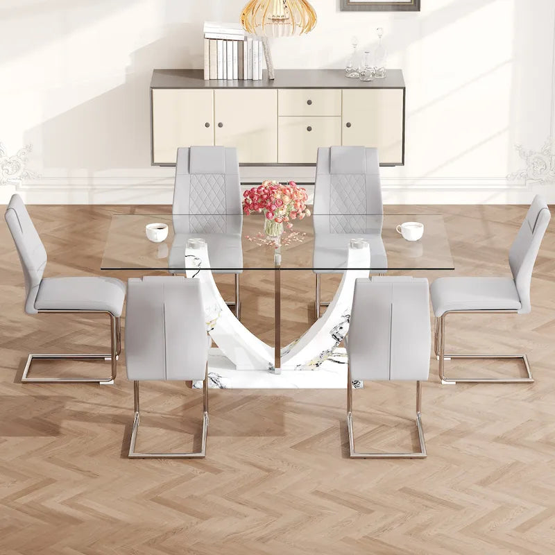 Modern Tempered Glass Dining Table Set with U-shaped Marble Pattern Base and PU Upholstered Chairs