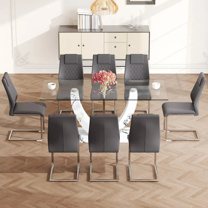 Modern Tempered Glass Dining Table Set with U-shaped Marble Pattern Base and PU Upholstered Chairs