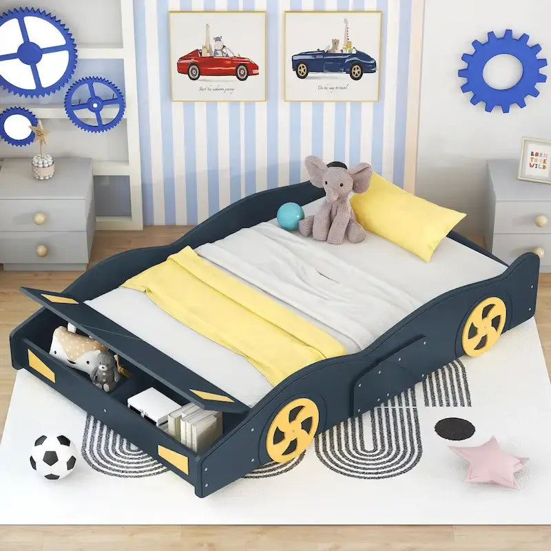 Full Pine Race Car Bed with Wheels & Storage