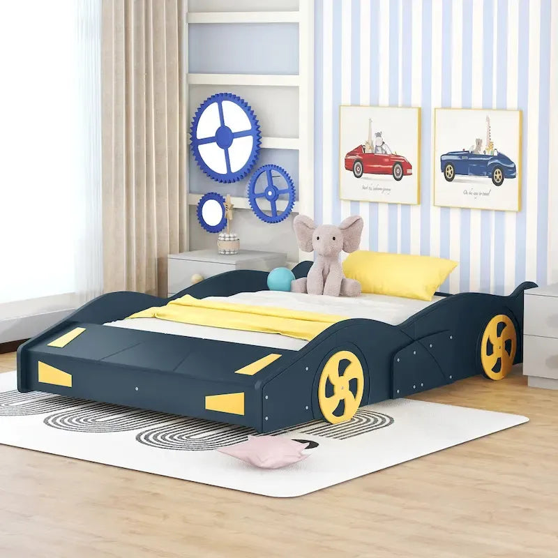 Full Pine Race Car Bed with Wheels & Storage
