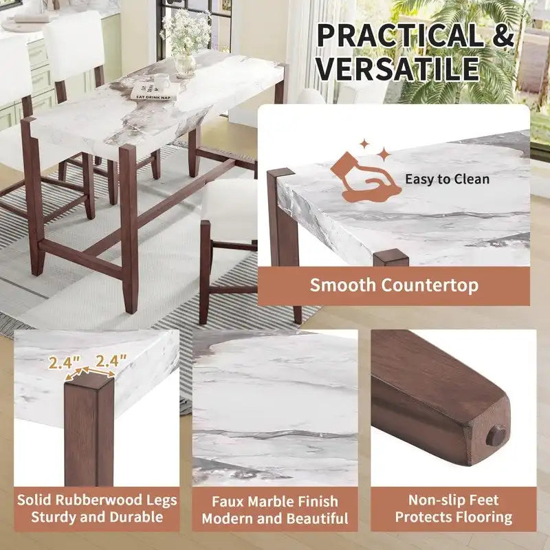 Modern 5-Piece Counter Height Dining Table Set, Faux Marble Bar Table and 4 Upholstered-Seat Chairs
