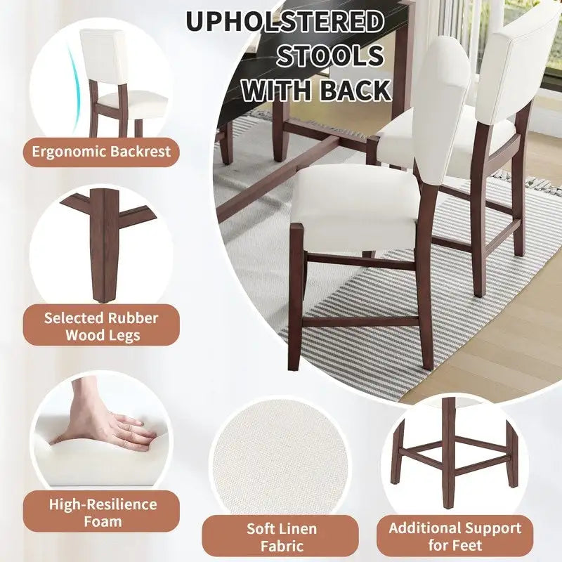 Modern 5-Piece Counter Height Dining Table Set, Faux Marble Bar Table and 4 Upholstered-Seat Chairs