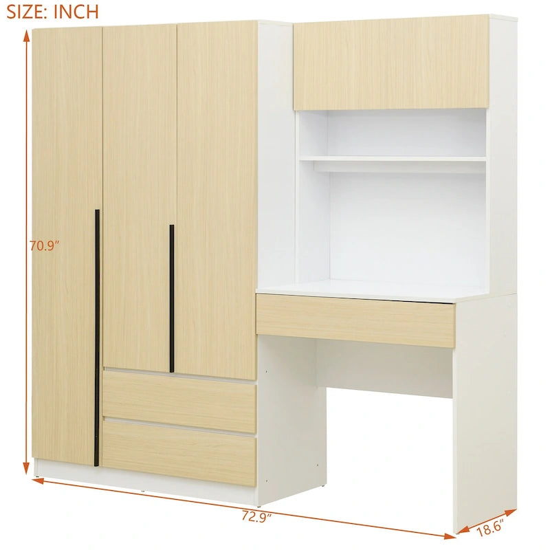 3-Door Wooden Storage Desk Wardrobe for Bedroom with Shelves and 3 Drawers