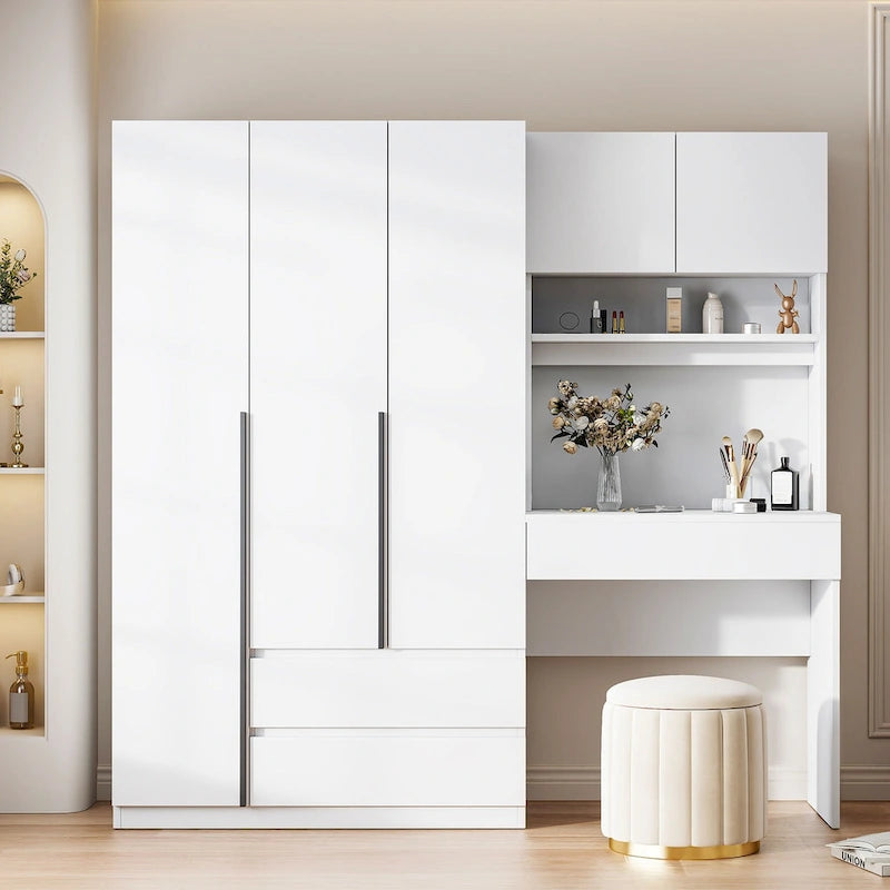 3-Door Wooden Storage Desk Wardrobe for Bedroom with Shelves and 3 Drawers