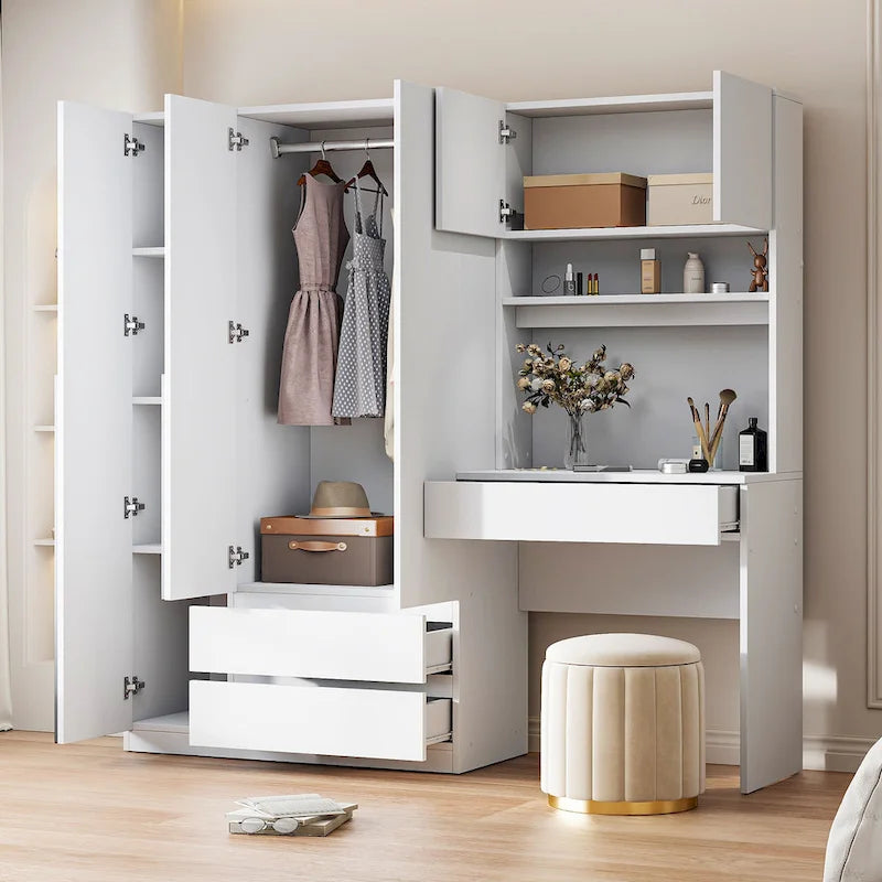 3-Door Wooden Storage Desk Wardrobe for Bedroom with Shelves and 3 Drawers