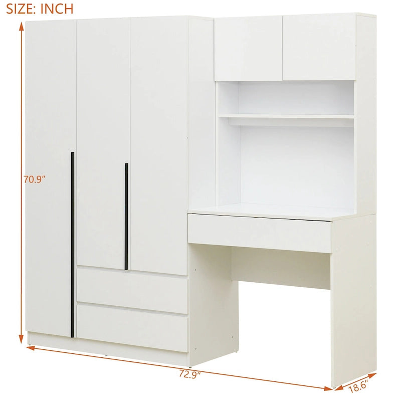 3-Door Wooden Storage Desk Wardrobe for Bedroom with Shelves and 3 Drawers
