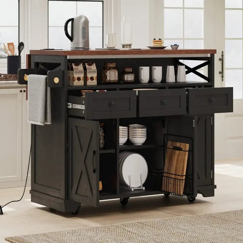 Farmhouse 46.5 Kitchen Island with Power Outlet, Rolling Kitchen Cart on Wheels with Drop Leaf