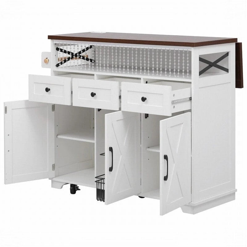 Farmhouse 46.5 Kitchen Island with Power Outlet, Rolling Kitchen Cart on Wheels with Drop Leaf