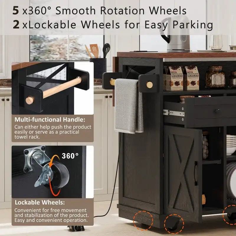 Farmhouse 46.5 Kitchen Island with Power Outlet, Rolling Kitchen Cart on Wheels with Drop Leaf