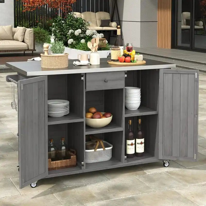 52.25 Outdoor Kitchen Island with Stainless Steel Top, Ample Storage Space, Towel and Spice Racks and a Bottle Opener