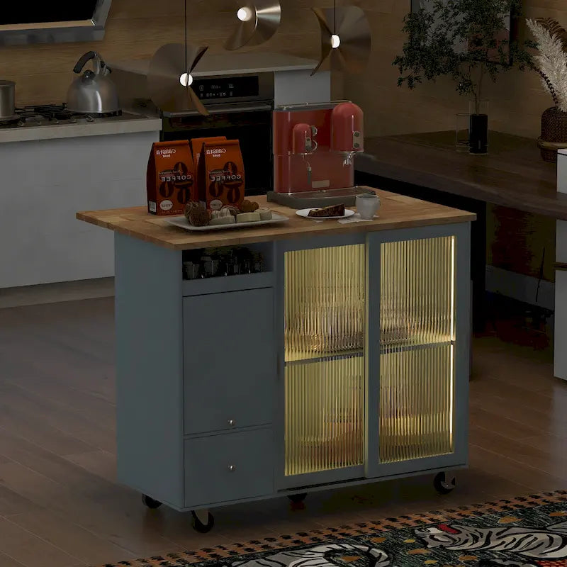LED Light Kitchen Island Cart, Drop Leaf Breakfast Bar on Wheels, Bar Cabinet with 2 Drawers, 2 Glass Doors & 1 Flip Cabinet