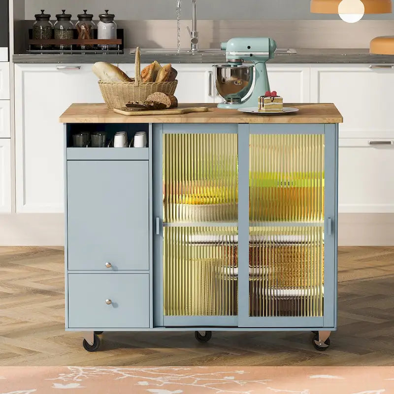 LED Light Kitchen Island Cart, Drop Leaf Breakfast Bar on Wheels, Bar Cabinet with 2 Drawers, 2 Glass Doors & 1 Flip Cabinet