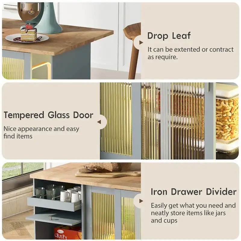 LED Light Kitchen Island Cart, Drop Leaf Breakfast Bar on Wheels, Bar Cabinet with 2 Drawers, 2 Glass Doors & 1 Flip Cabinet