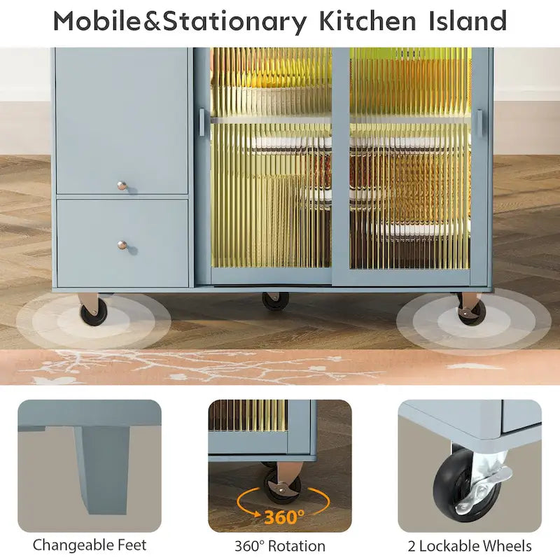 LED Light Kitchen Island Cart, Drop Leaf Breakfast Bar on Wheels, Bar Cabinet with 2 Drawers, 2 Glass Doors & 1 Flip Cabinet