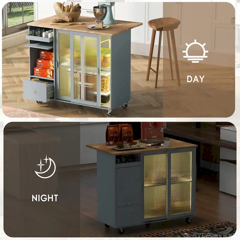 LED Light Kitchen Island Cart, Drop Leaf Breakfast Bar on Wheels, Bar Cabinet with 2 Drawers, 2 Glass Doors & 1 Flip Cabinet