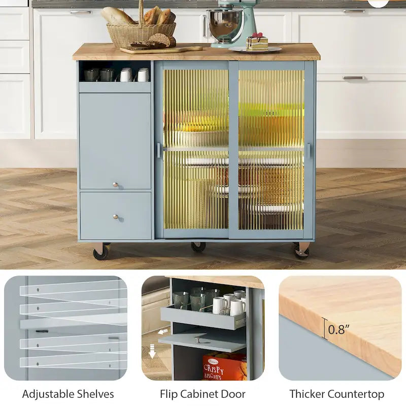 LED Light Kitchen Island Cart, Drop Leaf Breakfast Bar on Wheels, Bar Cabinet with 2 Drawers, 2 Glass Doors & 1 Flip Cabinet