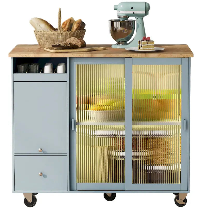 LED Light Kitchen Island Cart, Drop Leaf Breakfast Bar on Wheels, Bar Cabinet with 2 Drawers, 2 Glass Doors & 1 Flip Cabinet