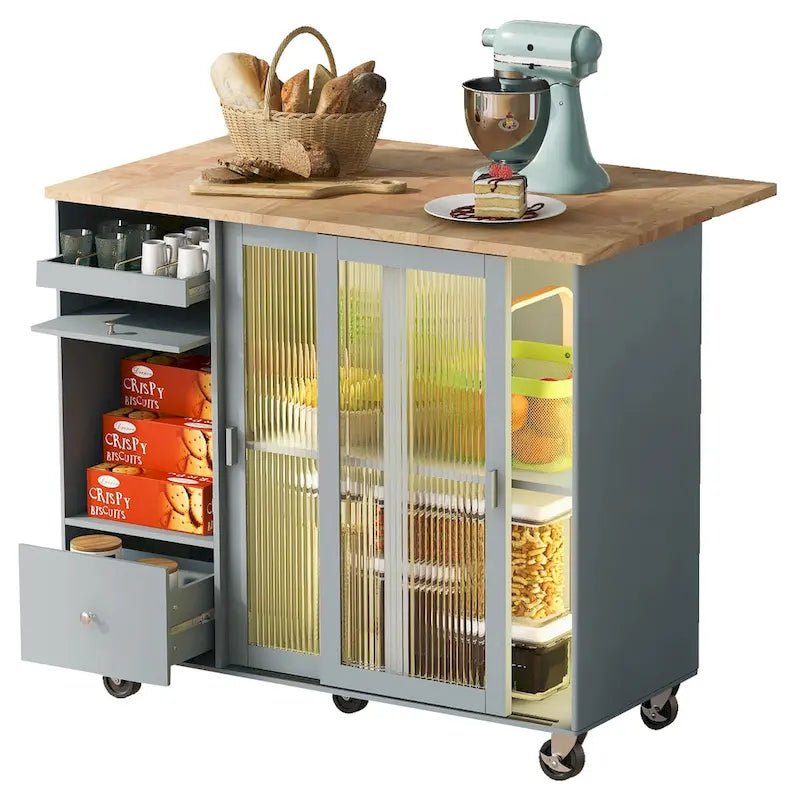 LED Light Kitchen Island Cart, Drop Leaf Breakfast Bar on Wheels, Bar Cabinet with 2 Drawers, 2 Glass Doors & 1 Flip Cabinet