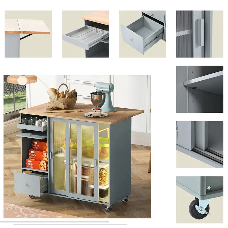 LED Light Kitchen Island Cart, Drop Leaf Breakfast Bar on Wheels, Bar Cabinet with 2 Drawers, 2 Glass Doors & 1 Flip Cabinet