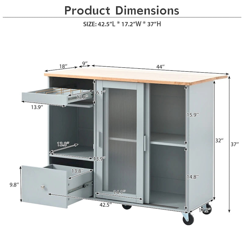 LED Light Kitchen Island Cart, Drop Leaf Breakfast Bar on Wheels, Bar Cabinet with 2 Drawers, 2 Glass Doors & 1 Flip Cabinet