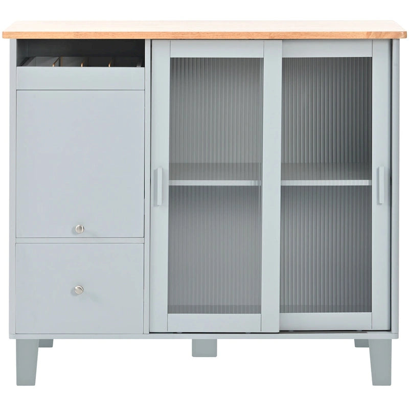LED Light Kitchen Island Cart, Drop Leaf Breakfast Bar on Wheels, Bar Cabinet with 2 Drawers, 2 Glass Doors & 1 Flip Cabinet