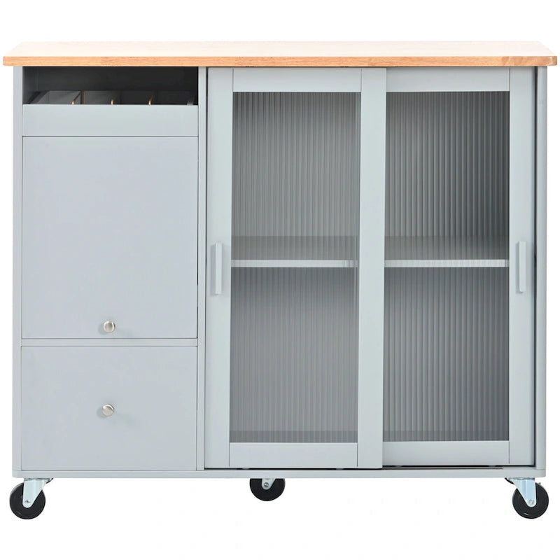 LED Light Kitchen Island Cart, Drop Leaf Breakfast Bar on Wheels, Bar Cabinet with 2 Drawers, 2 Glass Doors & 1 Flip Cabinet