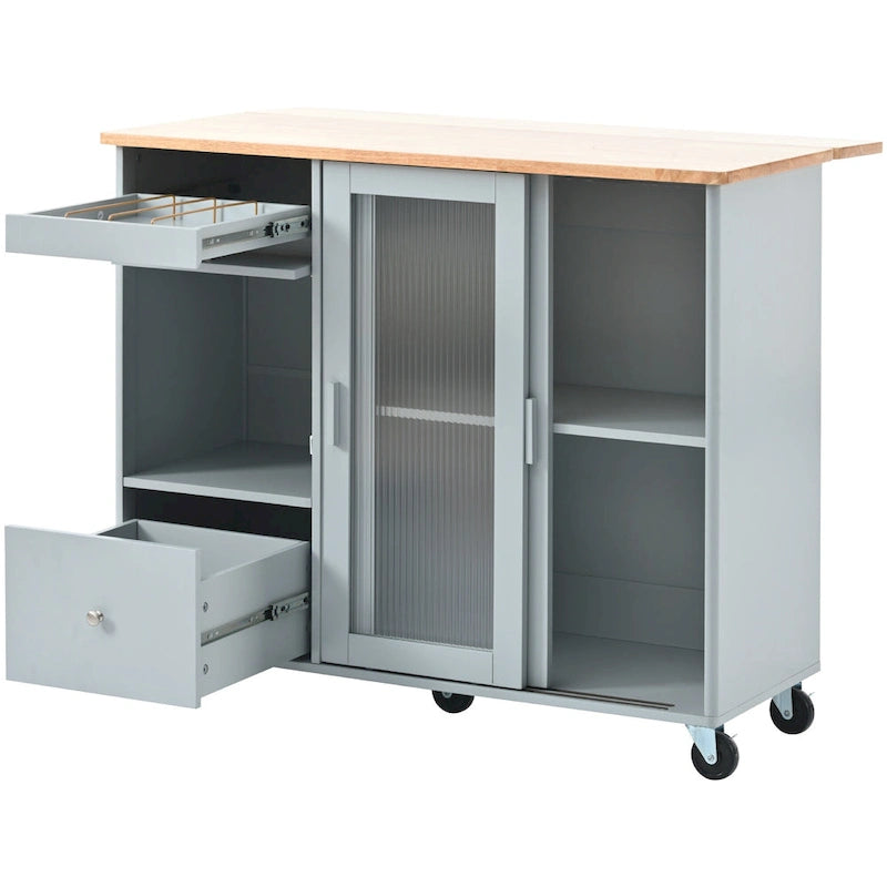 LED Light Kitchen Island Cart, Drop Leaf Breakfast Bar on Wheels, Bar Cabinet with 2 Drawers, 2 Glass Doors & 1 Flip Cabinet