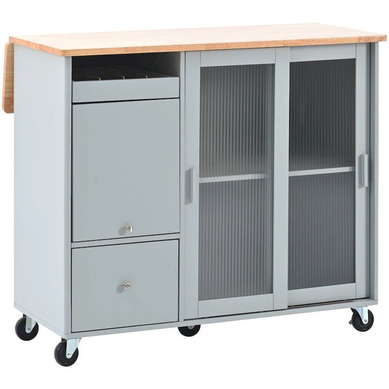 LED Light Kitchen Island Cart, Drop Leaf Breakfast Bar on Wheels, Bar Cabinet with 2 Drawers, 2 Glass Doors & 1 Flip Cabinet