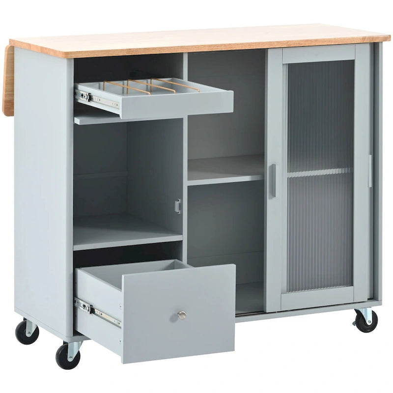 LED Light Kitchen Island Cart, Drop Leaf Breakfast Bar on Wheels, Bar Cabinet with 2 Drawers, 2 Glass Doors & 1 Flip Cabinet