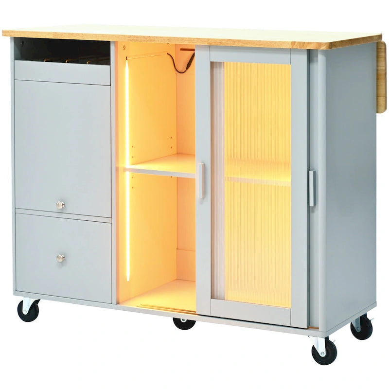 LED Light Kitchen Island Cart, Drop Leaf Breakfast Bar on Wheels, Bar Cabinet with 2 Drawers, 2 Glass Doors & 1 Flip Cabinet