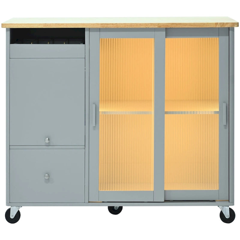 LED Light Kitchen Island Cart, Drop Leaf Breakfast Bar on Wheels, Bar Cabinet with 2 Drawers, 2 Glass Doors & 1 Flip Cabinet