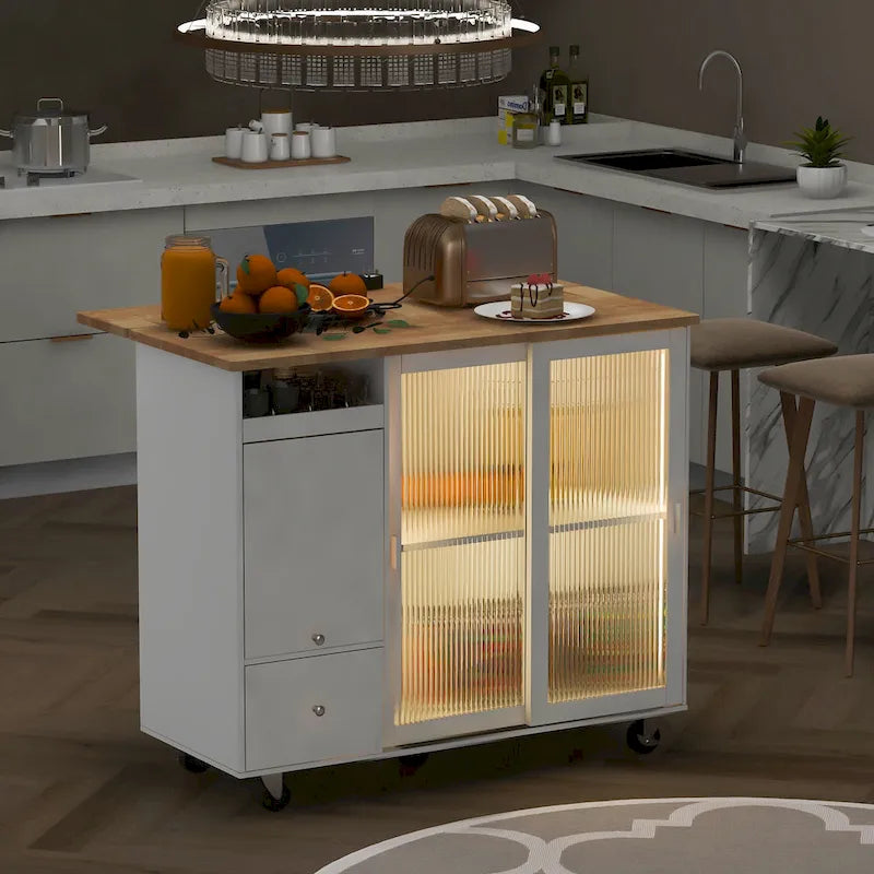 LED Light Kitchen Island Cart, Drop Leaf Breakfast Bar on Wheels, Bar Cabinet with 2 Drawers, 2 Glass Doors & 1 Flip Cabinet